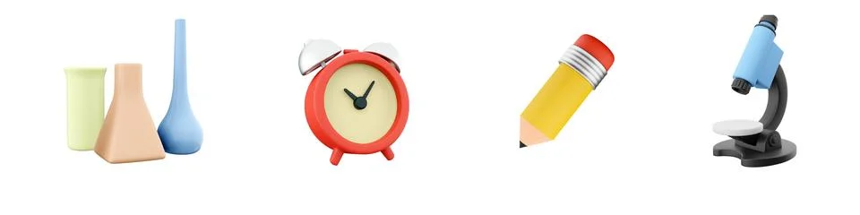 3d render bottle, alarm clock, pencil, microscope icon set on white background Stock Illustration