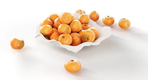 3D render of a bowl filled with small orange fruits on a white background Stock Photos