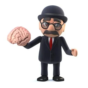 3d render of a bowler hatted British businessman holding a human brain Stock Illustration