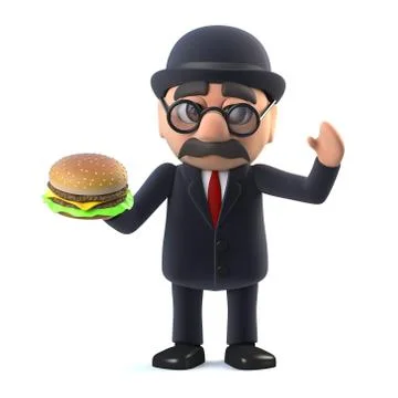 3d render of a bowler hatted British businessman holding a beef burger. 스톡 일러스트