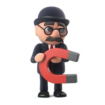 3d render of a bowler hatted British businessman holding a magnet Stockillustratie