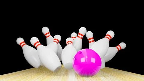 3d render of a bowling strike with skittles and a ball. Stock Illustration