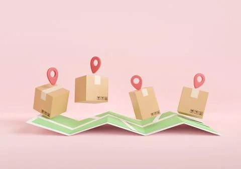 3d render box delivery and location pin. shopping and e-commerce concept. e.. Stock Illustration