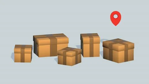 3D render of boxes and geolocation icons. Delivery of goods concept. Stock Illustration