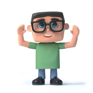 3d render of a boy in glasses with his arms raised in the air Stockillustratie