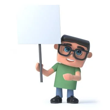 3d render of a boy wearing glasses and holding a blank placard. 스톡 일러스트