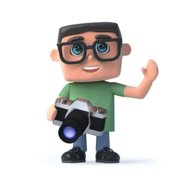 3d render of a boy wearing glasses holding a camera Stockillustratie