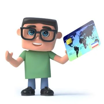 3d render of a boy wearing glasses and holding a credit card Stockillustratie