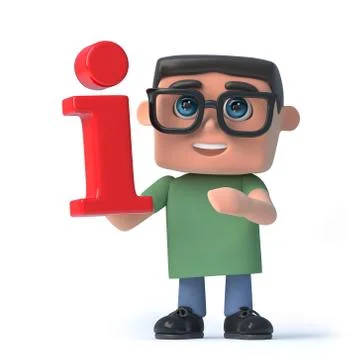 3d render of a boy wearing glasses holding a red information symbol. Stockillustratie