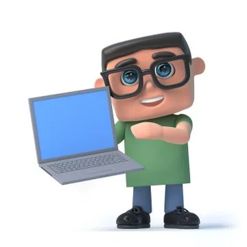 3d render of a boy wearing glasses holding a laptop pc Stockillustratie