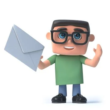 3d render of a boy wearing glasses holding an envelope. 스톡 일러스트