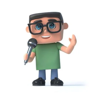 3d render of a boy wearing glasses holding a microphone Stock Illustration