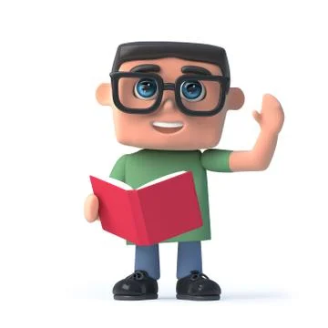 3d render of a boy wearing glasses reading a book Stockillustratie