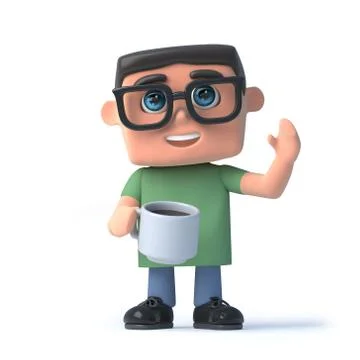 3d render of a boy wearing glasses and holding a cup of tea while waving Stock Illustration