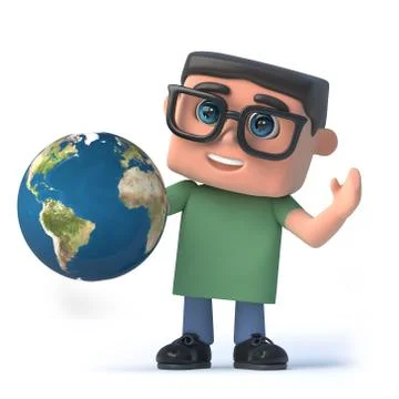 3d render of a boy wearing glasses holding a globe of the Earth Stock Illustration