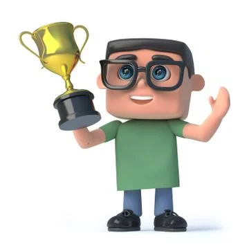 3d render of a boy wearing glasses holding a gold cup trophy high above his h Stock Illustration