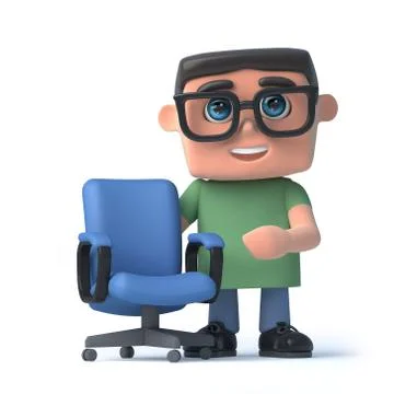 3d render of a boy wearing spectacles standing next to an empty office chair. Stockillustratie