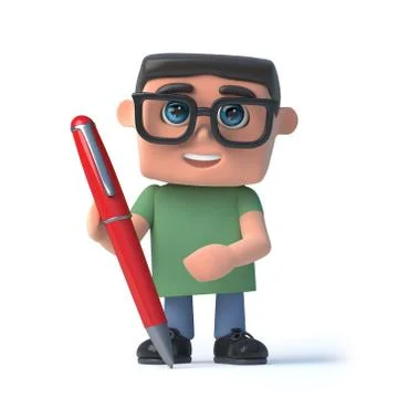 3d render of a boy wearing spectacles holding a red pen Stockillustratie