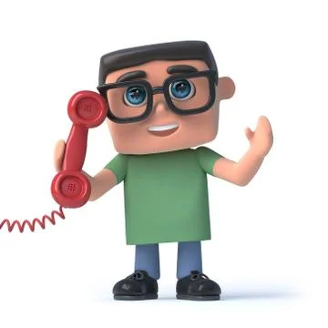 3d render of a boy wearing spectacles and holding a red telephone handset Stockillustratie
