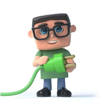3d render of a boy wearing spectacles holding a green power lead. Stockillustratie