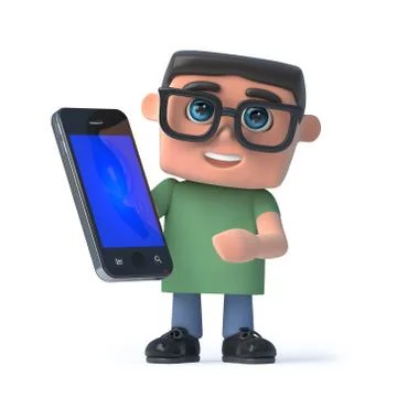 3d render of a boy wearing spectacles holding a smartphone Stockillustratie