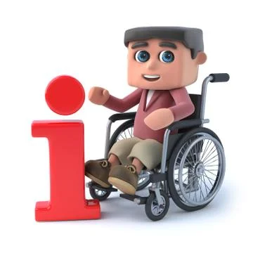 3d render of a boy in a wheelchair next to an information symbol. Stockillustratie