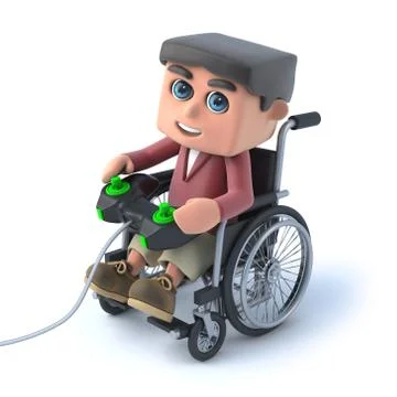 3d render of a boy in a wheelchair playing a video game Stock Illustration