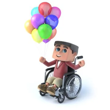 3d render of a boy in a wheelchair with some colored balloons. Stock Illustration