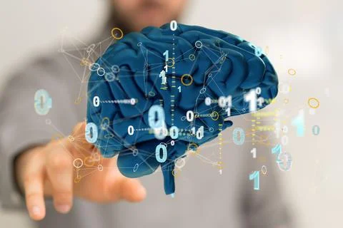 3d render of a brain with binary codes and a hand pointing at it.Concept of Stock Photos