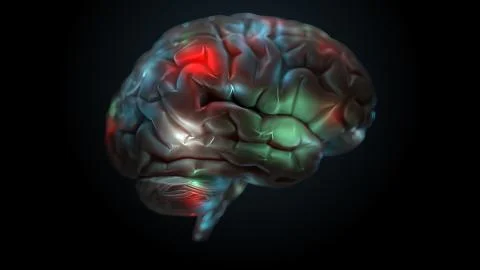 3d render of brain with bright and lighted up zones. Surface of brain is high Stock Illustration