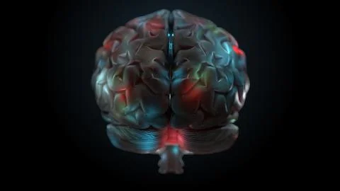 3d render of brain with bright and lighted up zones. Surface of brain is high Stock Illustration
