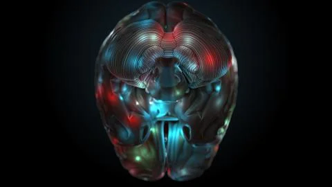 3d render of brain with bright and lighted up zones. Surface of brain is high Stock Illustration