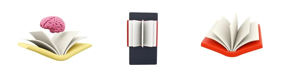 3d render brain on folder, book on black background, open book icon set on white Stock Illustration