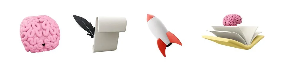 3d render brain, paper, rocket and brain in folder on white background. 3d Stock-Illustration