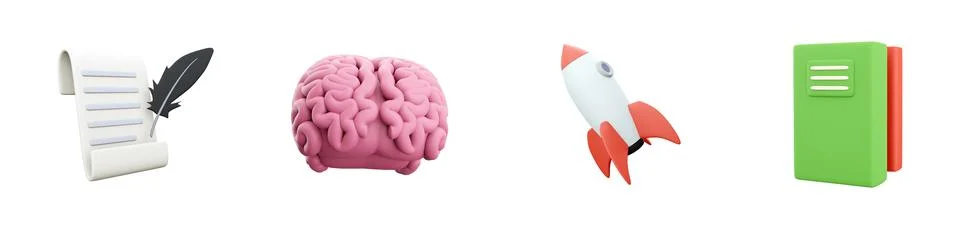 3d render brain, paper roll, rocket, books icon set on white background. 3d Stock Illustration