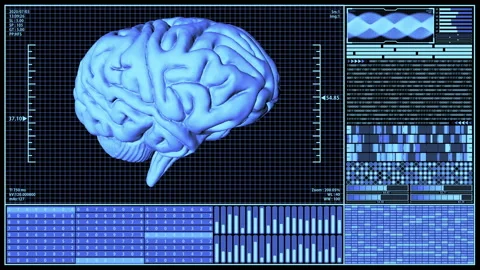 3D Render Brain Rotate in Futuristic Brain Analysis Technology HUD in Blue color Stock Footage 134447569