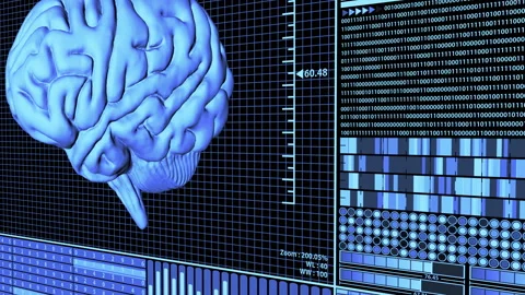 3D Render Brain Rotatein Brain Analysis Technology HUD in Blue (camera panning) Stock Footage 134462063