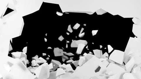 3d render of breaking concrete wall, hole, fragments falling, cracked earth Stock Footage 134506729