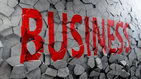 3D render of breaking wall with Business text. Concept of crisis and problems in Stock Illustration