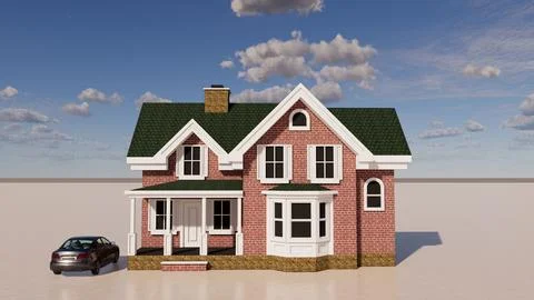 3D render of a brick house with a car parked near Stock Photos
