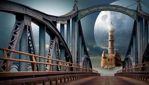 A 3d render of a bridge with an old building and a planet in the sky in the b Ilustración de archivo