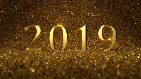 3d render bright abstract gold background with 2019 text title standing among Stock Illustration