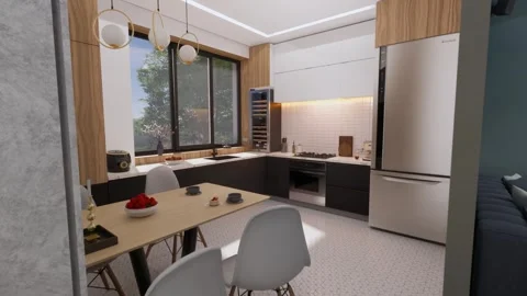 3D Render of Bright Modern Townhouse Interior – Open Kitchen and Living Room Stock Footage 316828871