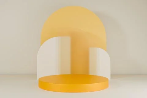 3D render Bright yellow podium on a white and soft peach abstract background Stock Illustration