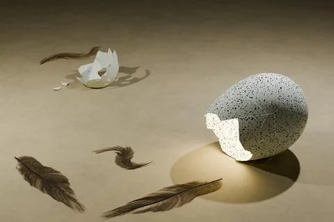3d render of broken egg and scattered feathers Ilustração Stock