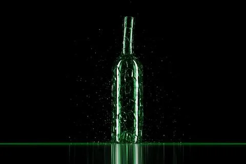 3D Render Broken Glass Realistic green  beer bottle  Mock Up, 3D illustration Stock Illustration