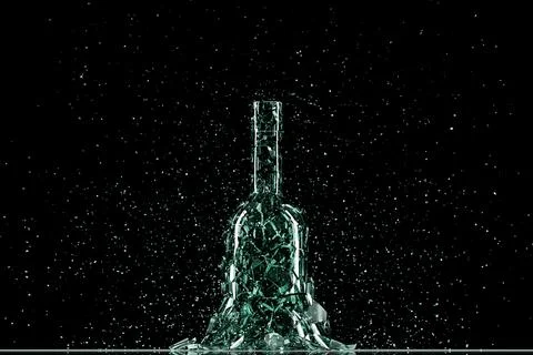 3D Render Broken Glass Realistic green  beer bottle  Mock Up, 3D illustration Stock Illustration