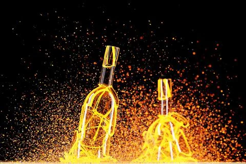 3d render of a broken  yellow lighting wine a bottles with many fragments fly Stock Illustration