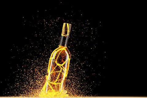 3d render of a broken  yellow lighting wine a bottle with many fragments flyi Stock Illustration