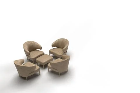 3d render of brown leather coated single sofa facing each other with center Ilustração Stock